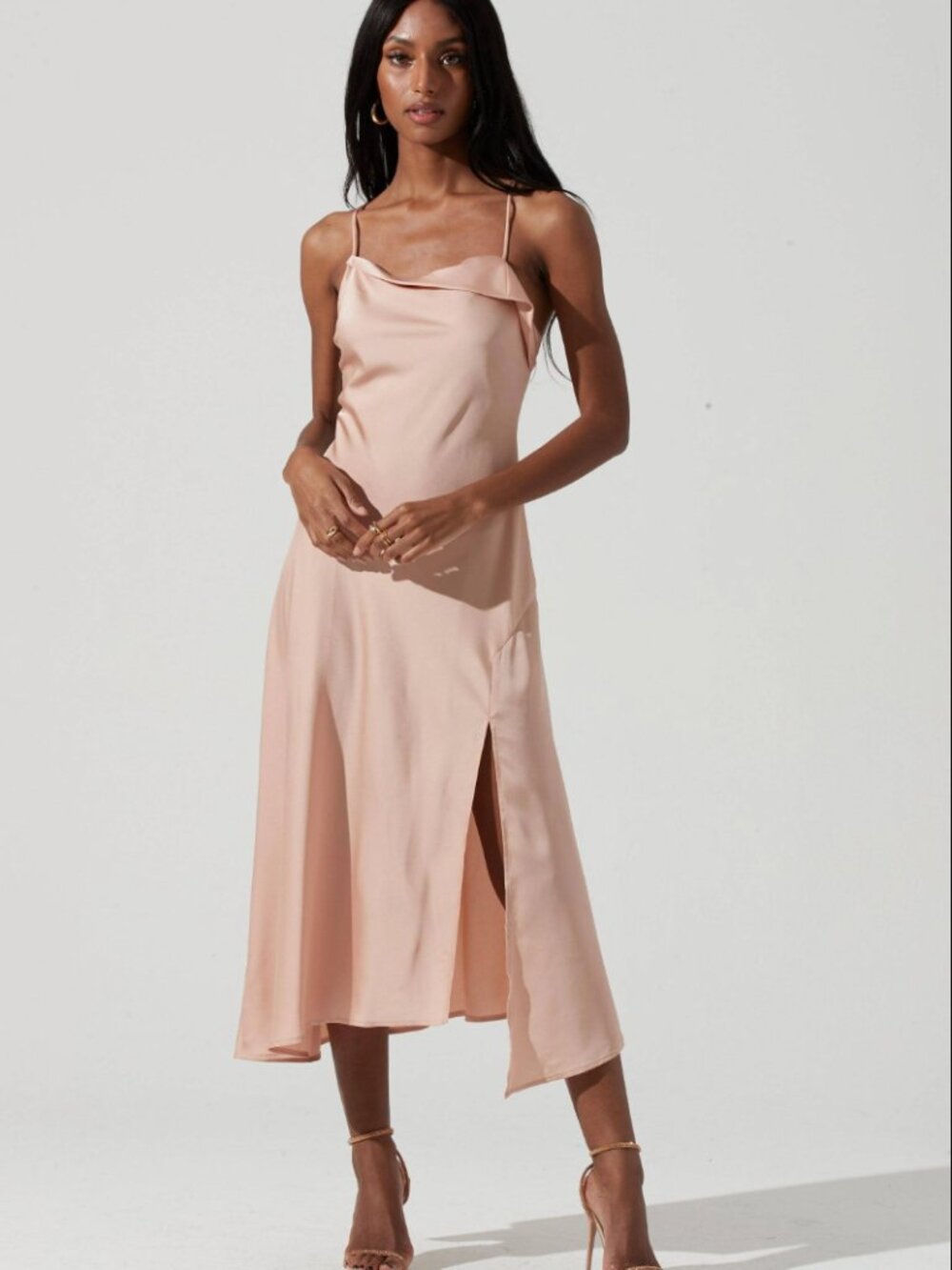 Astr Blush Satin Slip Midi Dress with Side Slit